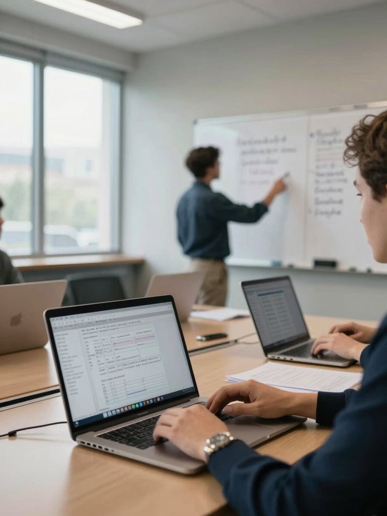 Wide environmental shot of a real conference room mid-session, laptop screens showing spreadsheets, a hand pointing at a whiteboard covered in handwritten notes, daylit windows in background, shallow depth of field on the workspace surface