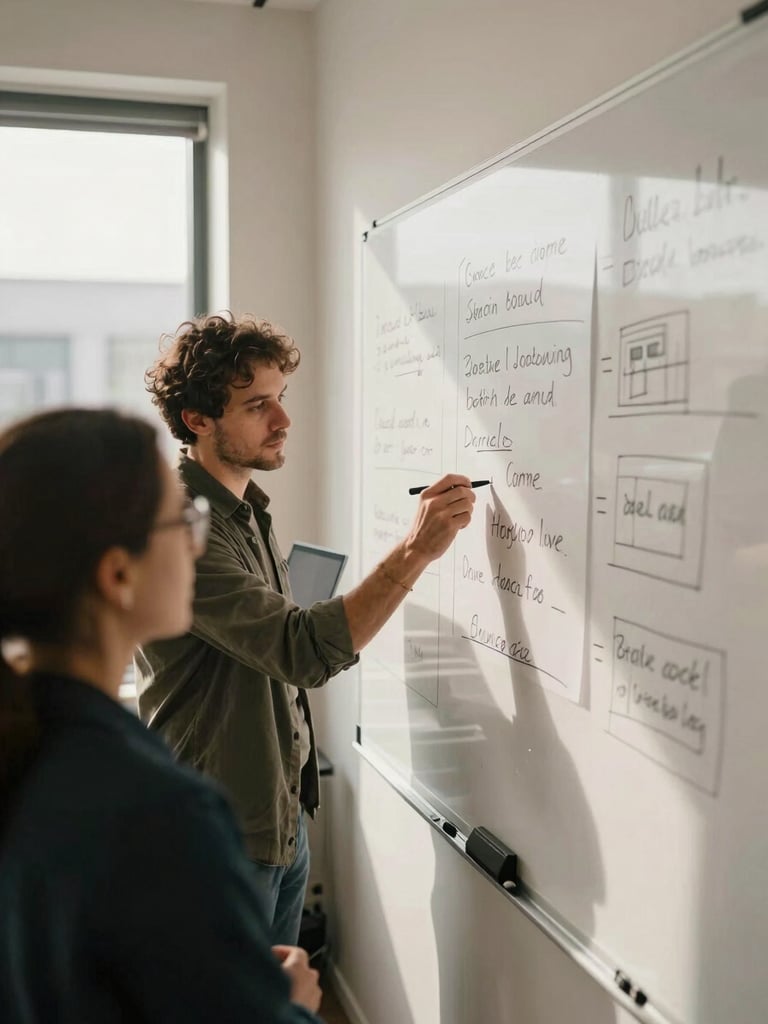 Wide environmental shot of a real client office, two people leaning over a whiteboard covered in handwritten notes and diagrams, over-the-shoulder framing, warm daylit room with natural window light, work laptops open in background