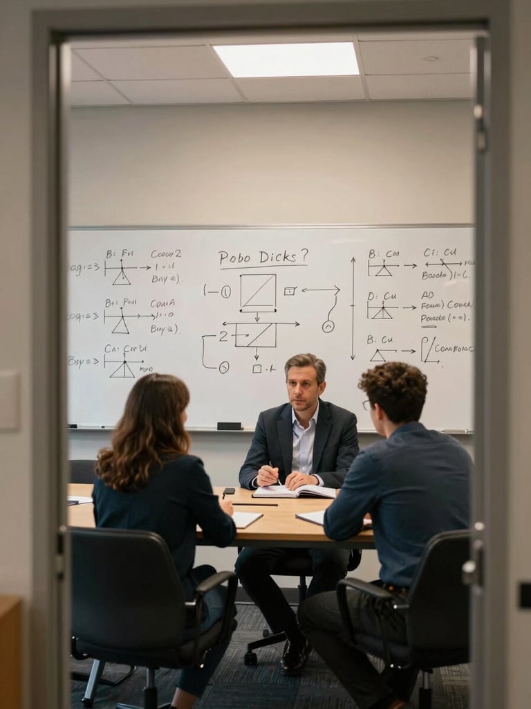Wide-angle view of a meeting room from the doorway, whiteboard covered in handwritten problem diagrams and numbered steps, two people seated mid-discussion, warm tungsten office light, notebooks open on the table