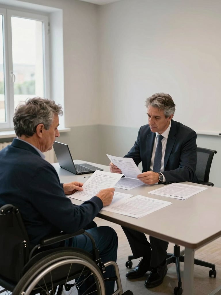 Wide environmental shot inside a Maltese civic meeting room, two people with visible disabilities seated at a table reviewing printed documents mid-discussion, natural window light from the left, no eye contact with camera, policy papers and a laptop visible on the table
