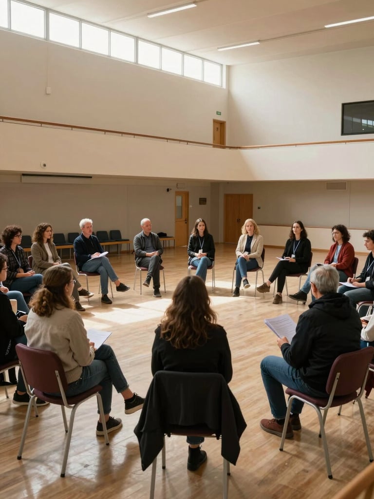 Wide shot of a community hall in Malta, a circle of participants seated in a peer-led workshop, accessible seating arrangements visible, one person speaking with documents in hand, natural indoor light from overhead windows