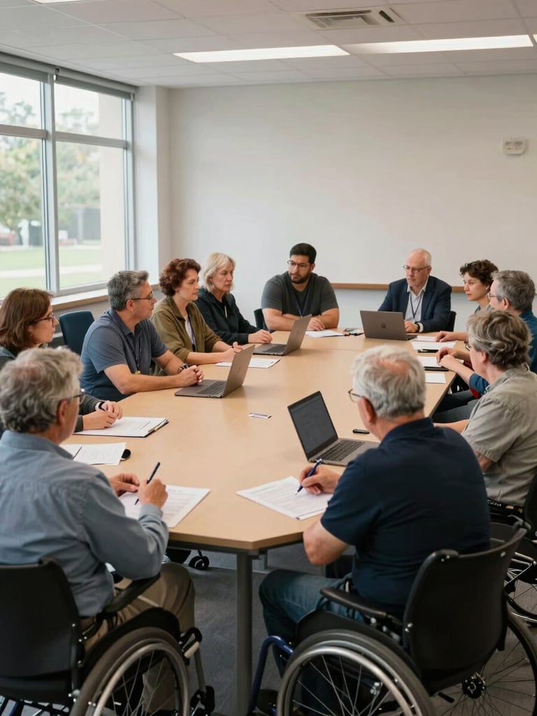 Wide environmental shot of a mixed group of disabled and non-disabled people seated around a large table in a civic meeting room, natural window light from the left, documents and laptops visible, participants mid-discussion — no one looking at camera