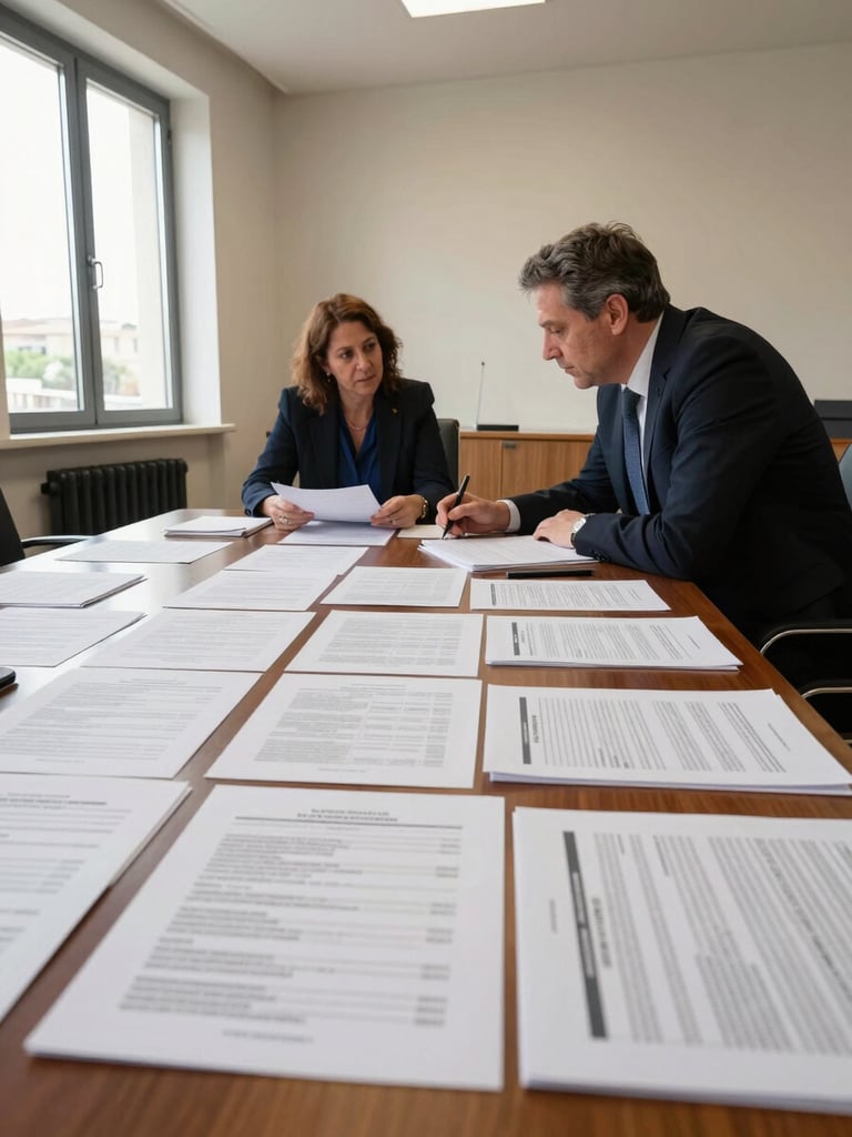 Interior of a Maltese government building meeting room, documents and printed access audit reports spread across a table, two people mid-discussion leaning over papers, natural window light from the left, environmental wide shot
