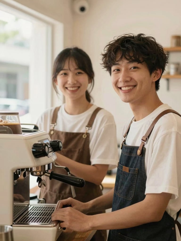 A warm, candid portrait of two friendly coffee shop owners smiling behind a clean espresso machine, bright natural daylight, 35mm editorial style