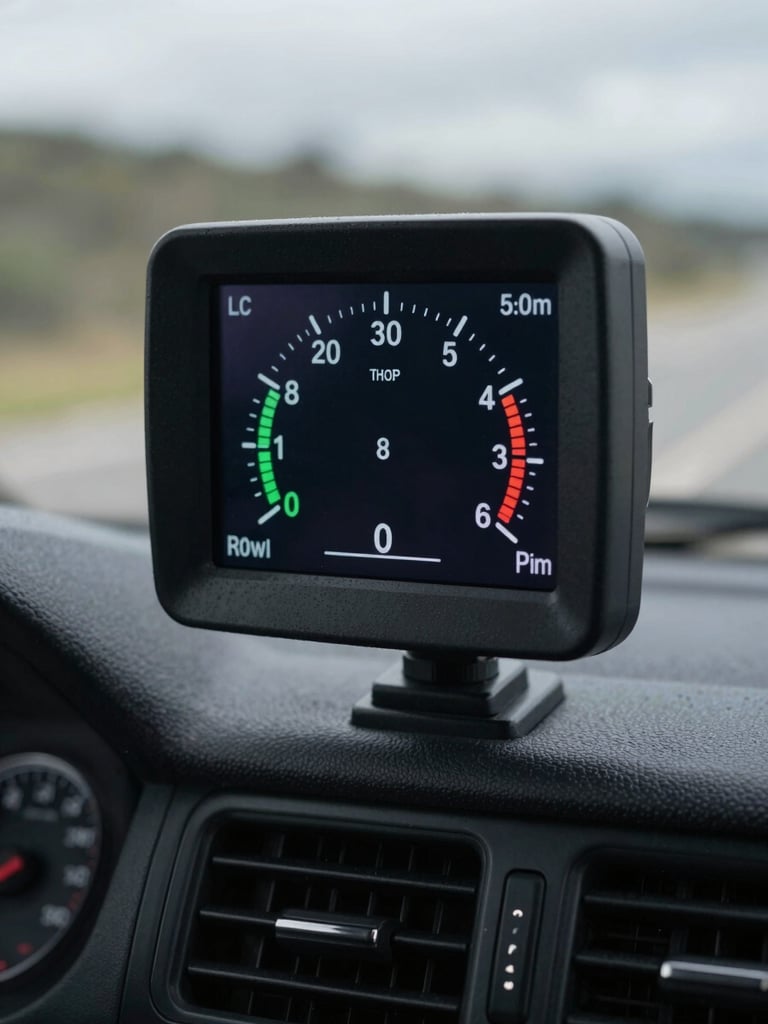 Extreme close-up of a signal-strength meter screen mid-test, mounted on a van dashboard, numbers visible, natural overcast daylight through the windshield casting even light on the device