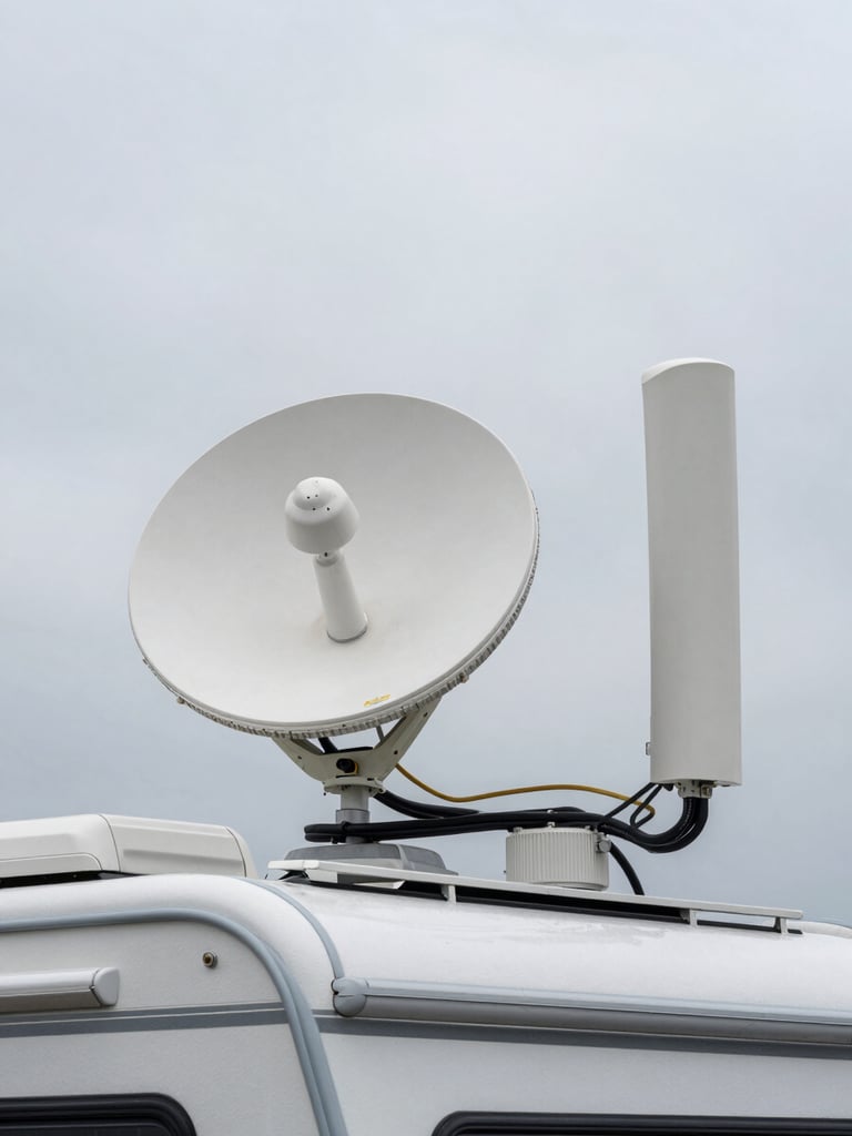 Close overhead shot of Starlink dish and LTE antenna mounted side by side on an RV rooftop, cables neatly routed, overcast daylight, no glare, hardware clearly identifiable