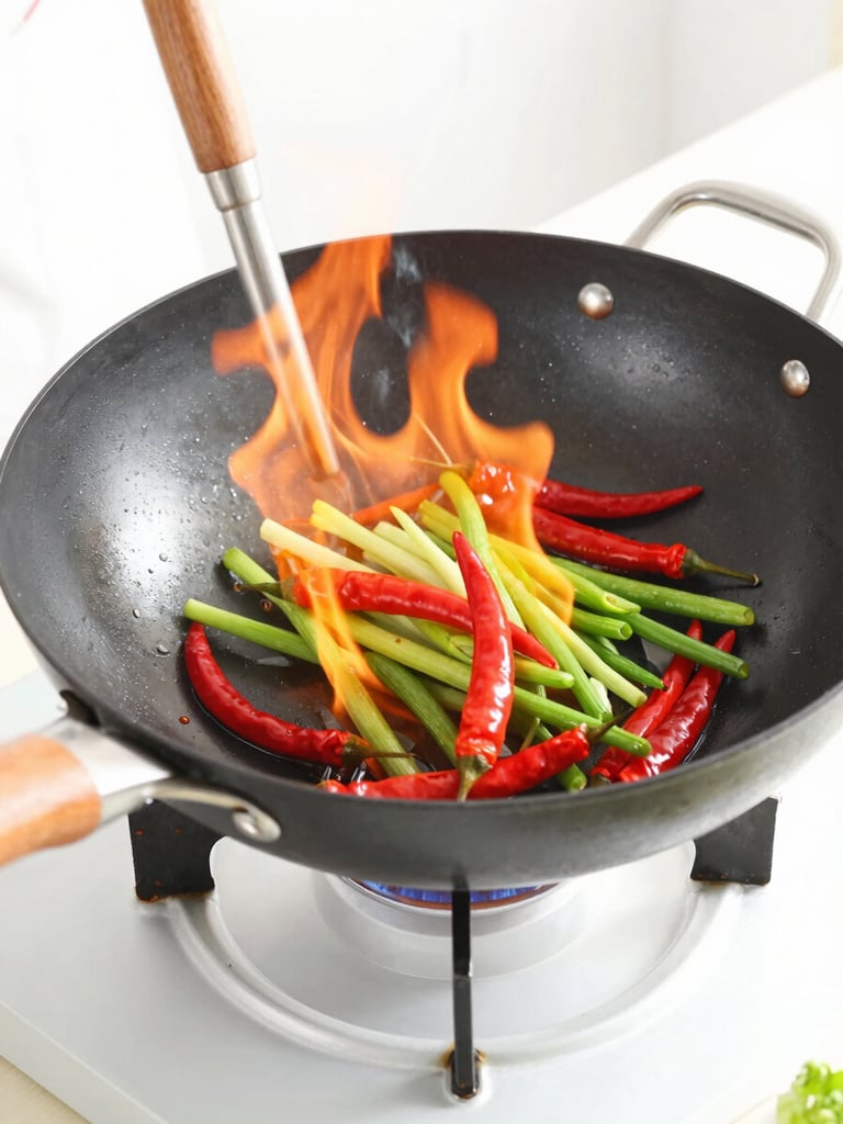Close-up of a chef wok-firing fresh vegetables and red chilies, bright high-key lighting, motion blur of fire, clean kitchen setting