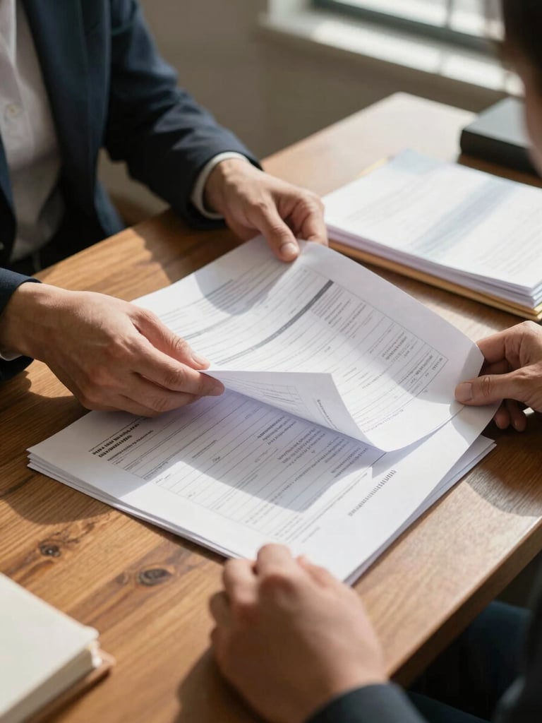 Close environmental shot inside an immigration legal clinic, hands sorting documents on a worn wooden table, printed intake forms and folders visible, natural window light casting long shadows across the papers, no faces shown