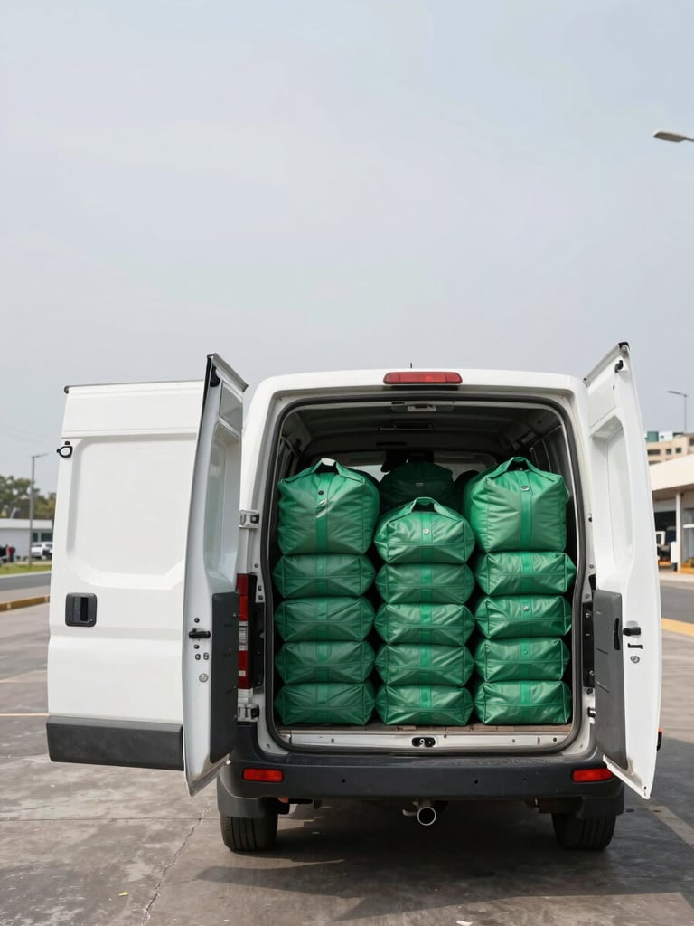 Wide shot from above: a clean delivery van with open side door, neatly stacked green-tagged garment bags in organized rows inside, bright even daylight, Malabo urban background visible far right, generous negative space on the left side of the frame