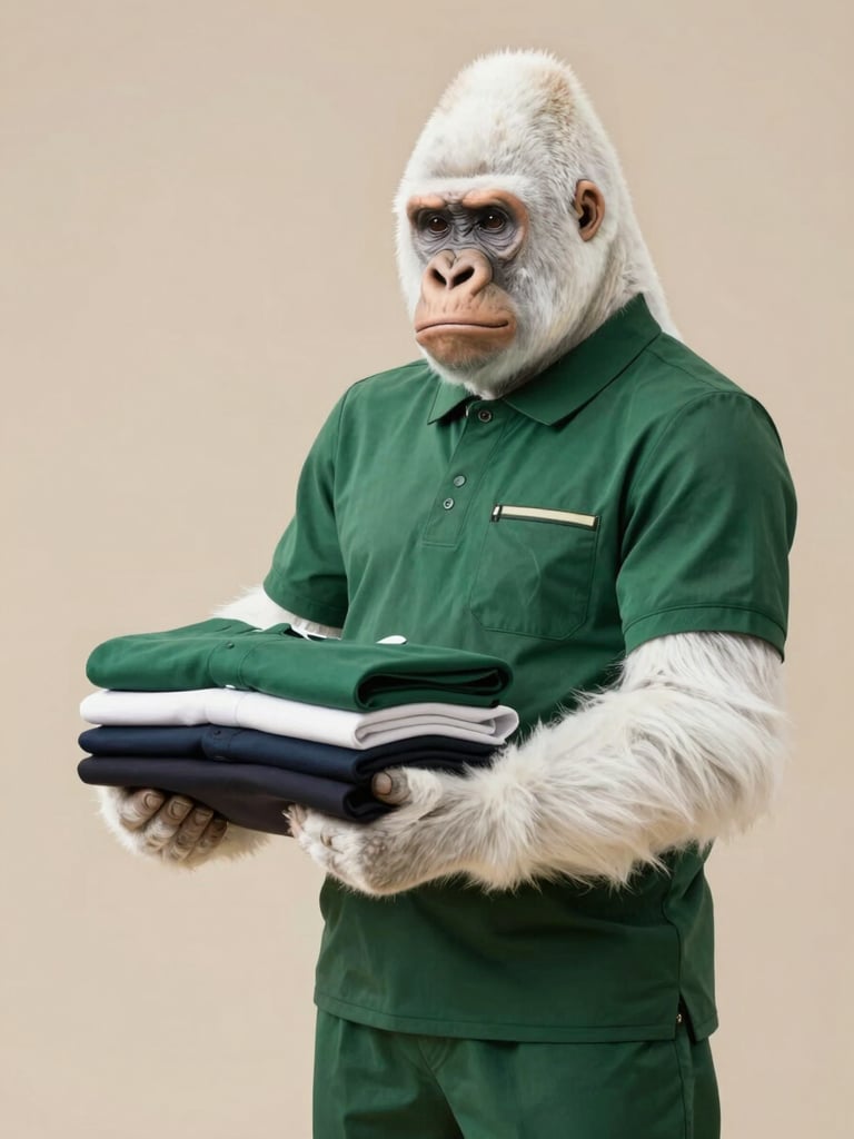 Ultra-realistic white gorilla Copito de Nieve wearing a deep green polo uniform, standing upright and holding a neatly folded stack of pressed garments, warm neutral studio background, even bright lighting, professional and composed expression, three-quarter angle view