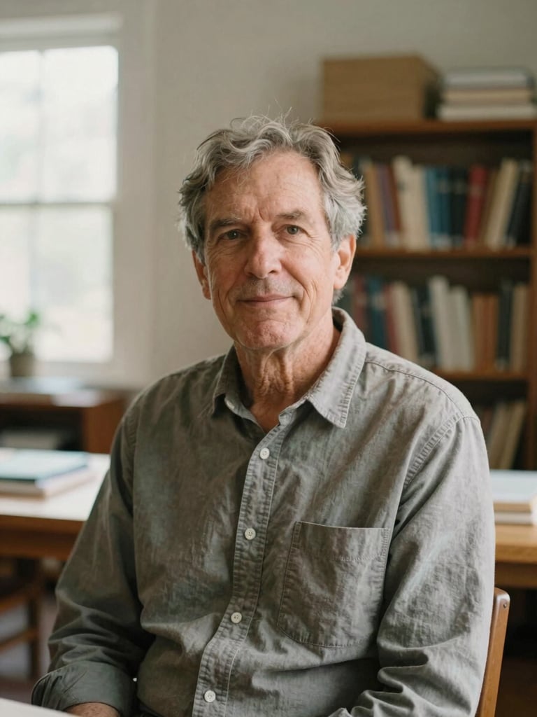 Candid, respectful portrait of a mature community leader in a warm, ambient indoor archive room, soft natural light from a window, shallow depth of field.