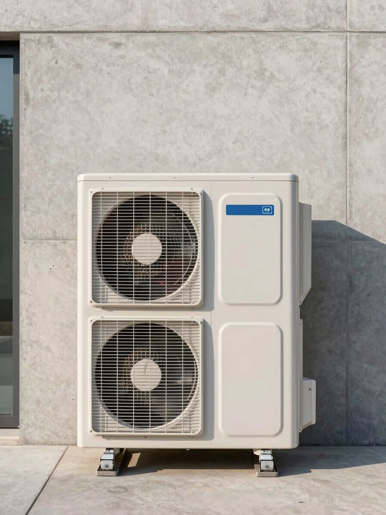 Straight-on architectural medium shot of a neatly wired outdoor heat pump unit beside a modern concrete wall, crisp morning sun, high-visibility details, 35mm lens