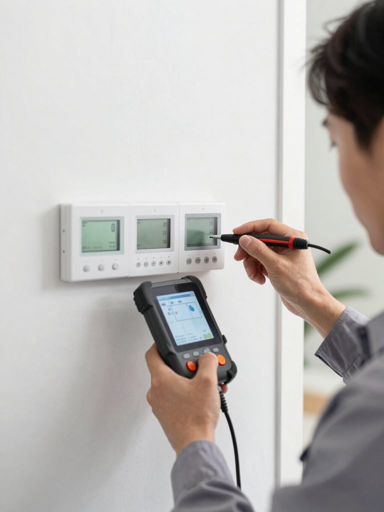 Close-up of a certified HVAC technician in a clean uniform using digital diagnostic tools on a neatly wired smart thermostat system, high-visibility indoor lighting, crisp details