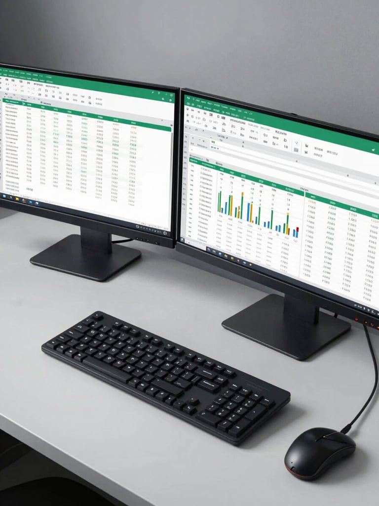 Wide-angle overhead shot of a dual-monitor finance workstation, emerald-accented Excel dashboard with KPI cards and variance charts filling both screens, clean desk surface in controlled studio light, numbers and cells sharply in focus