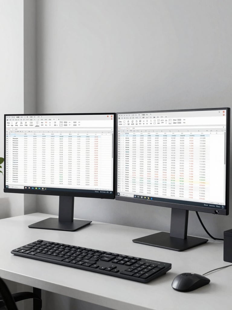 Wide shot of a modern finance workstation, two large monitors displaying live Excel workbooks with structured financial models and KPI dashboards, clean desk surface, bright neutral studio light from the left, tight framing on the screens showing real numeric data and formula bars