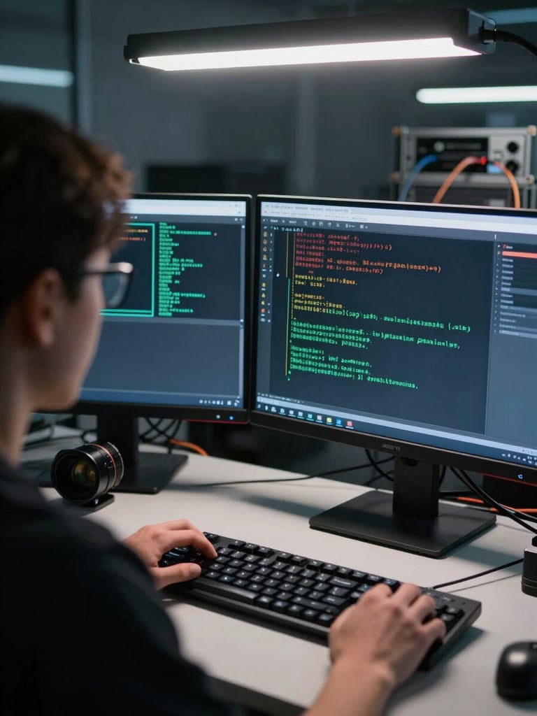 Close-up over-the-shoulder view of a security researcher at a dual-monitor workstation, terminal windows showing network scan output, cool overhead fluorescent light casting hard shadows on the keyboard, cables and rack equipment visible in the background