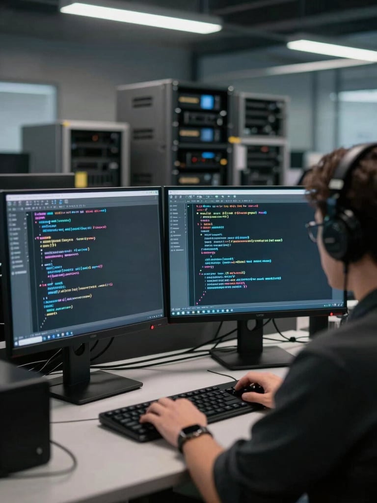 Wide over-the-shoulder shot of a security researcher at a dual-monitor workstation, terminal window filling one screen with white-on-black command output, cool overhead ambient light, dark office environment with rack equipment blurred in background