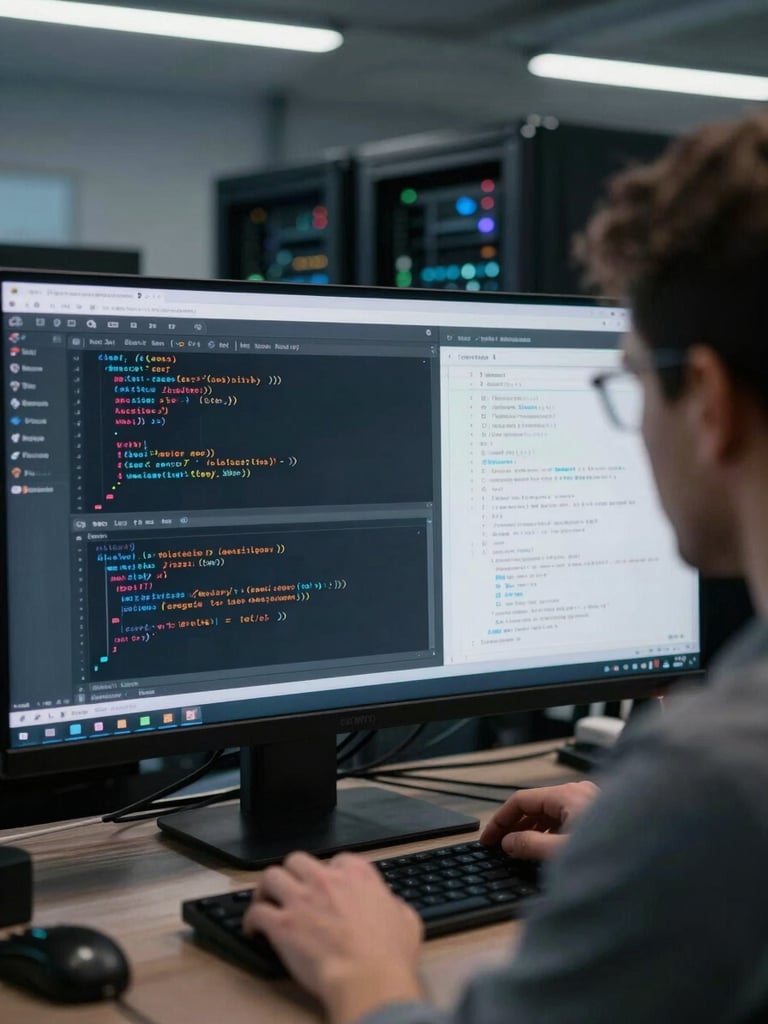 Over-the-shoulder view of a developer reviewing code on a dark terminal screen, multiple open windows with API configuration and security policy files, cool overhead ambient lighting, server rack visible blurred in background