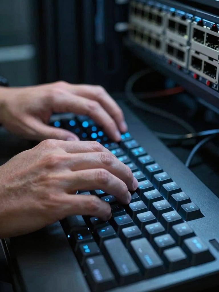 Close-up of hands on a mechanical keyboard in a dim server room, screen glow casting cold blue light across fingers, network patch panel visible in soft focus behind, documentary-style framing