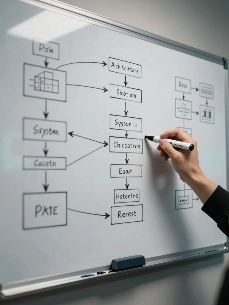 Wide overhead flat-lay of a whiteboard covered in system architecture diagrams and workflow arrows, a hand holding a dry-erase marker mid-notation, cool desk lighting from above, no people visible except the hand