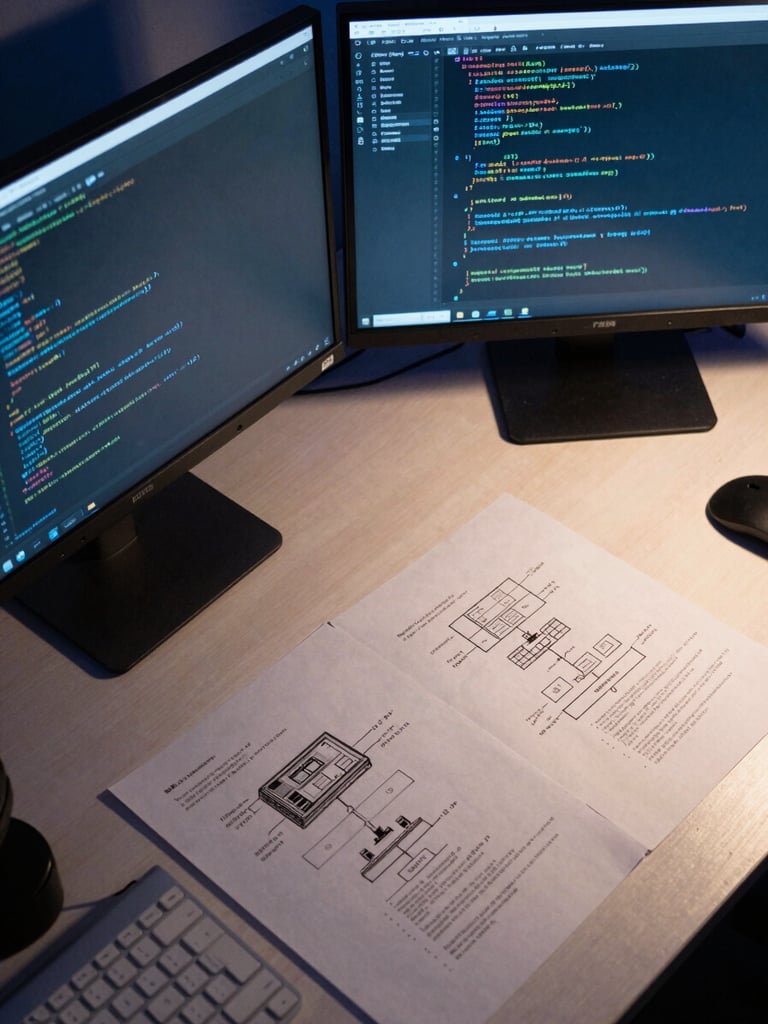 Close-up overhead flat-lay of a developer's dual-monitor workstation at night, code on both screens, a system architecture diagram sketched on paper beside the keyboard, cool blue desk lamp casting sharp contrast across the documentation