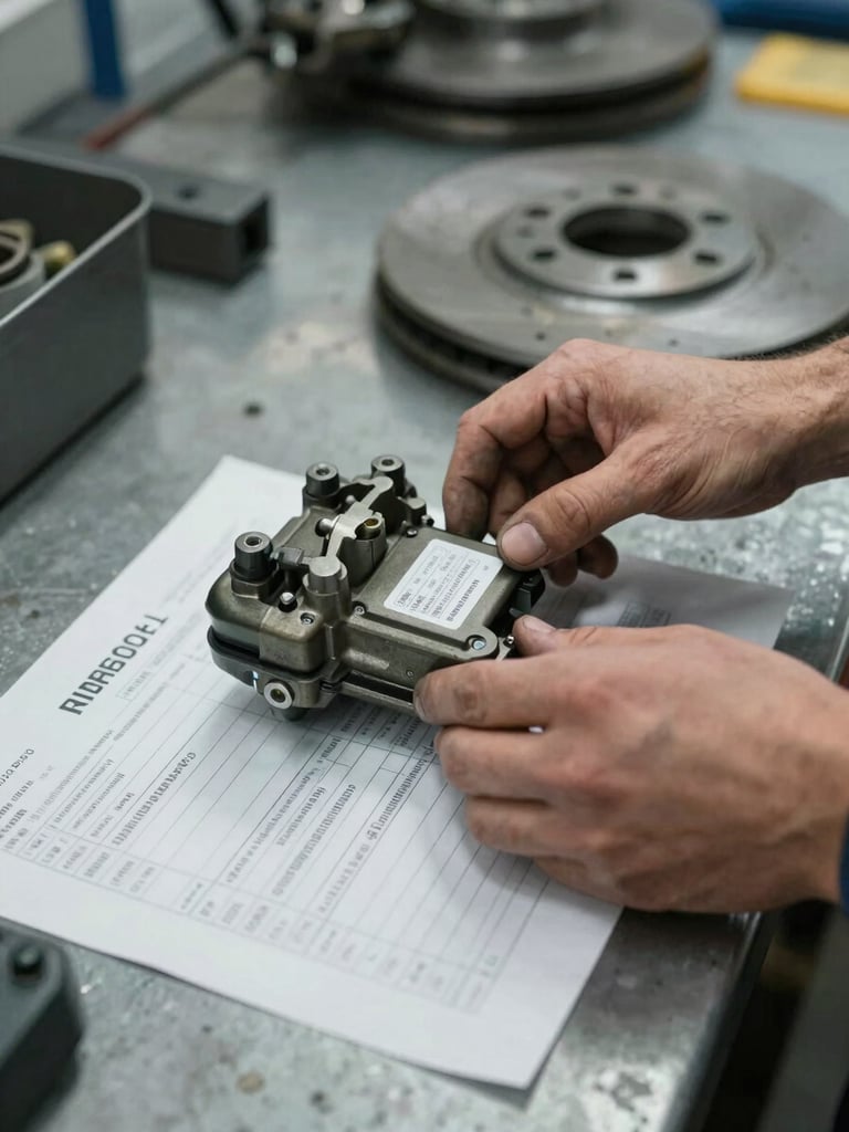 Close-up overhead documentary shot of a mechanic's hands verifying an OEM brake caliper part against a printed order sheet on a metal warehouse workbench, bright overhead warehouse lighting, part label clearly visible, industrial working environment