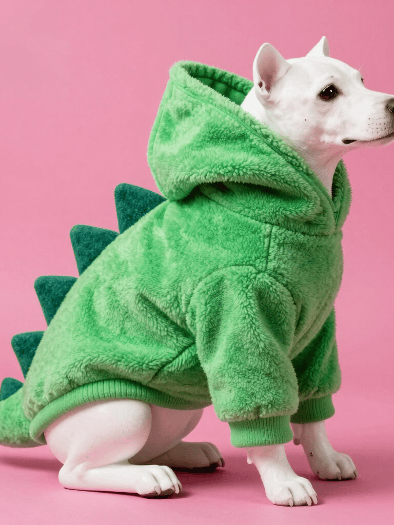 Un perrito blanco con una sudadera verde de peluche con forma de dinosaurio, sobre un fondo rosa.
