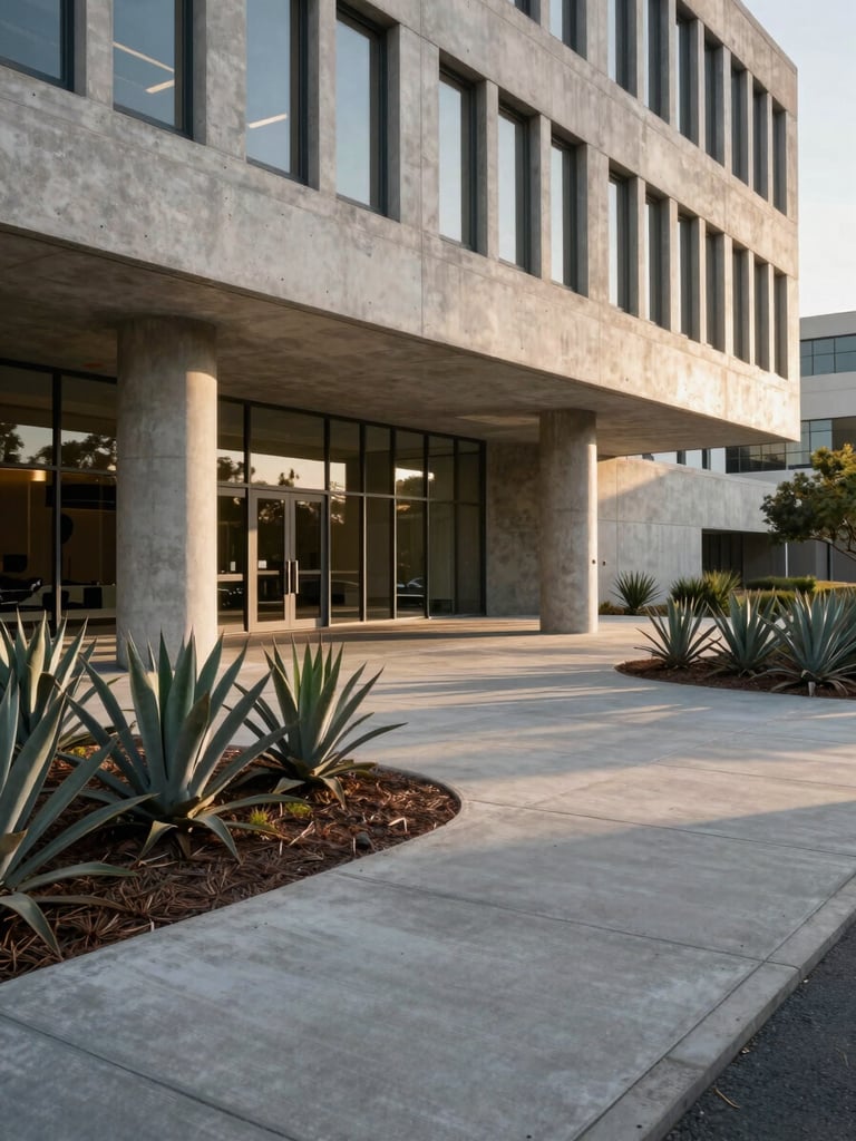 Wide-angle architectural shot of a modern concrete office plaza entryway, sharp concrete pavers, drought-resilient agave plantings, late-afternoon golden hour shadows.
