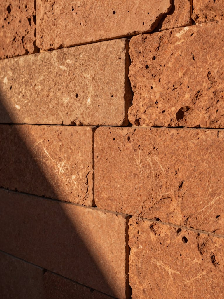 A sharp, close-up shot of hand-dressed terracotta stone masonry joints, long shadows casting deep textures under warm late-afternoon Sacramento sun.
