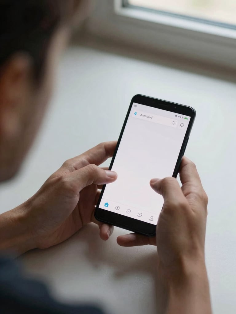 Over-the-shoulder view of hands typing on an Android phone resting on a plain desk, screen showing a simple app interface, flat daylight from a window, no faces visible, tight crop on hands and device