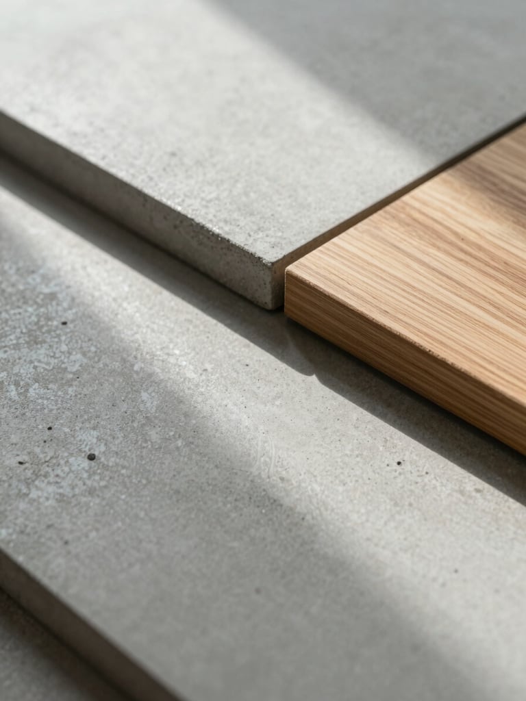 Close-up of high-quality architectural materials, concrete and warm wood accents, soft natural light with high-contrast shadows