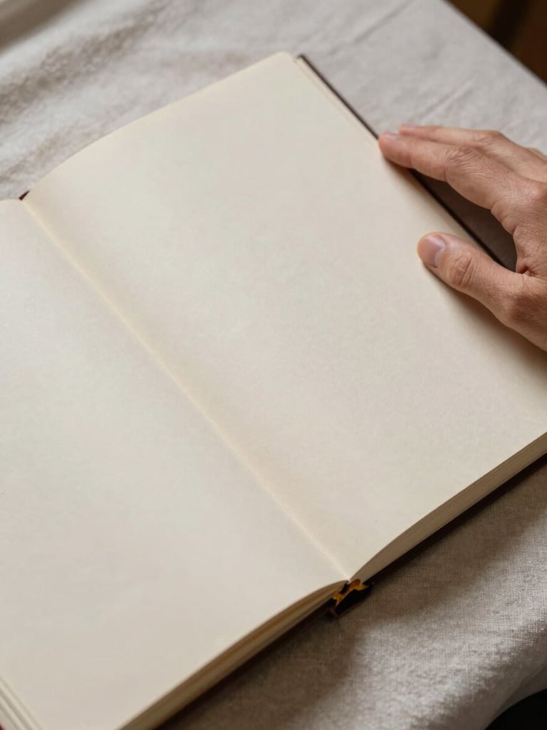 Close-up overhead flat-lay of a completed memorial biography book open on a linen surface, left hand of a funeral director resting on the right page, soft north-facing daylight illuminating cream paper texture and gold foil spine lettering, quiet archival atmosphere