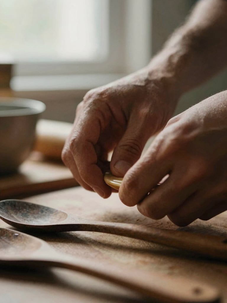 Close-up macro shot of hands preparing a dish with rustic kitchen utensils, natural window light, rich earthy tones, shallow depth of field