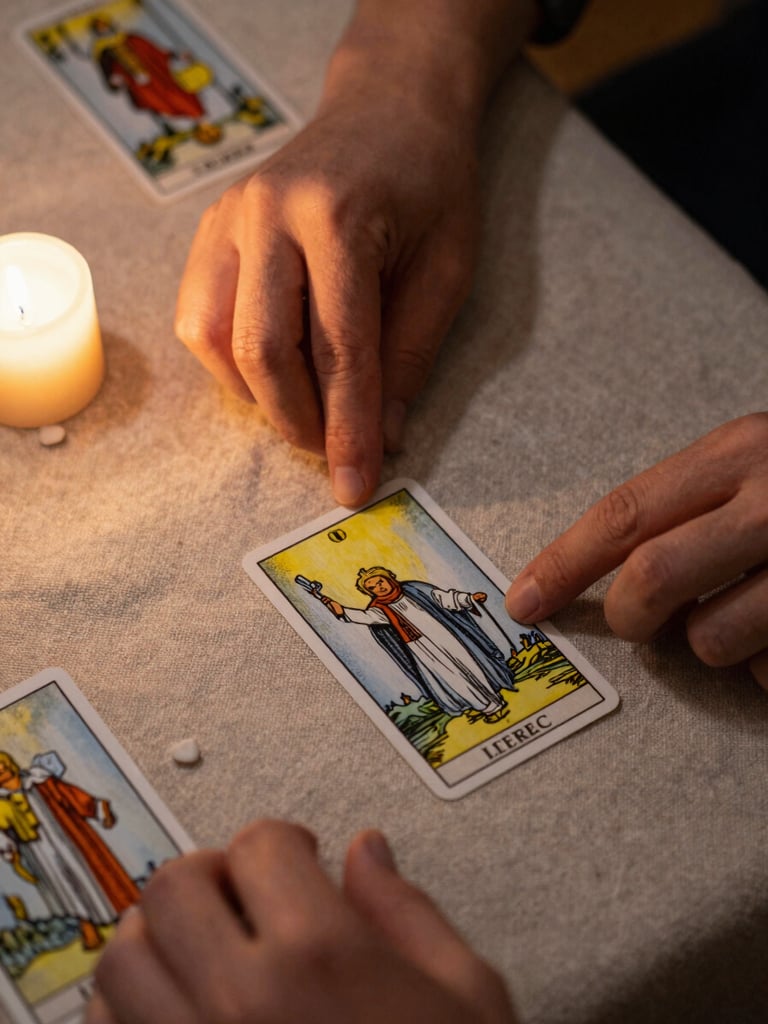 Close-up overhead framing, hands deliberately laying tarot cards face-up on a rough linen surface, candlelight from the left casting warm golden shadows across the cards, fingertips visible mid-placement, the rest of the table receding into soft darkness
