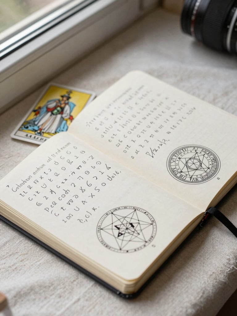 Close overhead framing of an open notebook with handwritten numerology calculations and sacred geometry diagrams, a worn tarot card resting beside it on a cream linen surface, soft north-facing window light from upper left, no hands visible