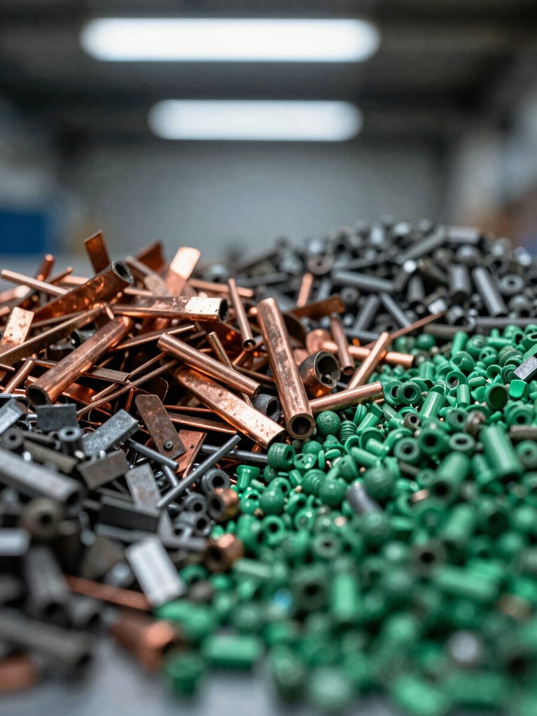 Macro portrait close-up of pure recovered copper scrap and sorted metal granules, sharp focus, cool industrial studio lighting, 35mm