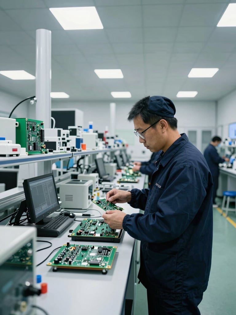 Wide-angle shot of a clean, organized industrial testing laboratory inside a recycling plant, professional technician in safety gear examining circuit boards, 35mm