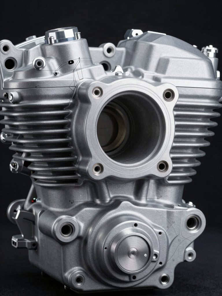 Extreme close-up of a machined motorcycle engine block, cool high-contrast studio lighting, metallic silver and deep charcoal tones, sharp focus, CAD schematic overlay lines