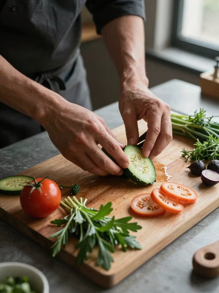Close overhead shot of a chef's hands arranging raw seasonal vegetables and herbs on a prep counter under soft window light, earthy textures and muted tones