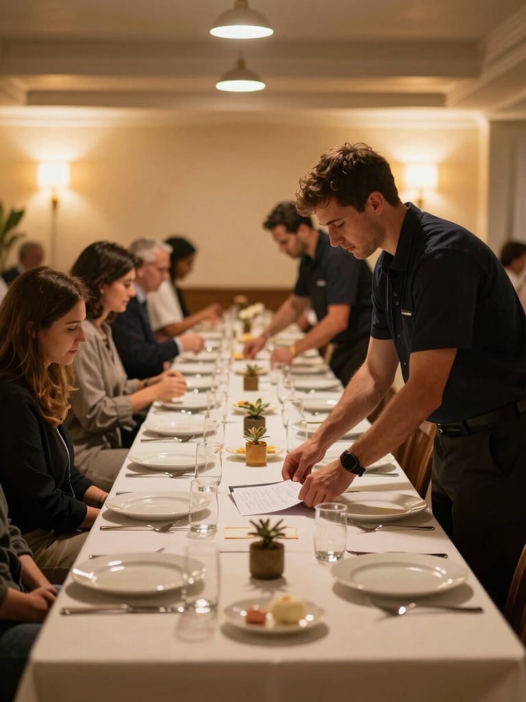 Wide environmental shot of a service team member setting a course on a formally laid table in warm ambient light, motion implied, guests not present, warm gold tones