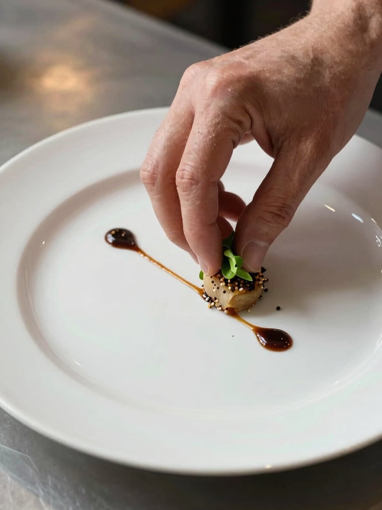 Close-up overhead of a white plate being finished — a chef's hand placing a garnish, sauce traced deliberately to one side, raw seasoning visible at the plate edge, natural light from the left casting soft shadows, warm kitchen tones