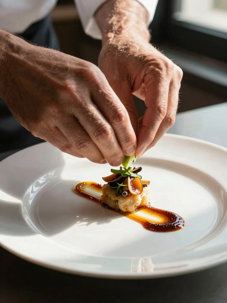 Close detail of a chef's hands lowering a garnish onto a finished plate, warm window light raking across the white ceramic, sauce brushed in a deliberate arc, mise en place visible at the edge of the frame