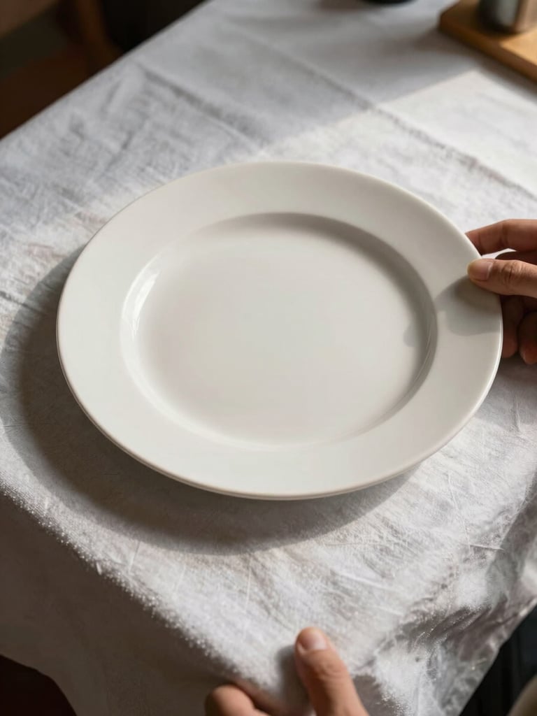 Overhead close study of a single finished plate being positioned on a white linen tablecloth, hands visible at the edge, precise placement, warm natural sidelight