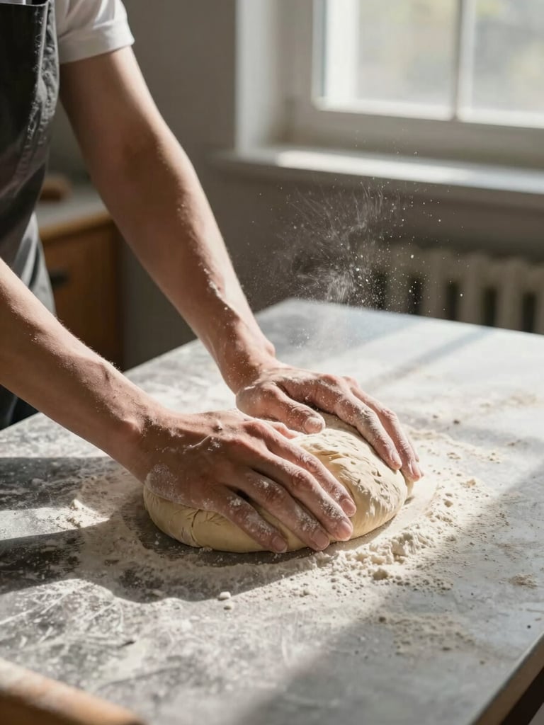 Wide portrait frame, left-bleed: two hands pressing into raw bread dough on a floured stone counter at 6am, north-facing window light raking across the surface, flour suspended mid-air, dark apron visible at edge, no face shown