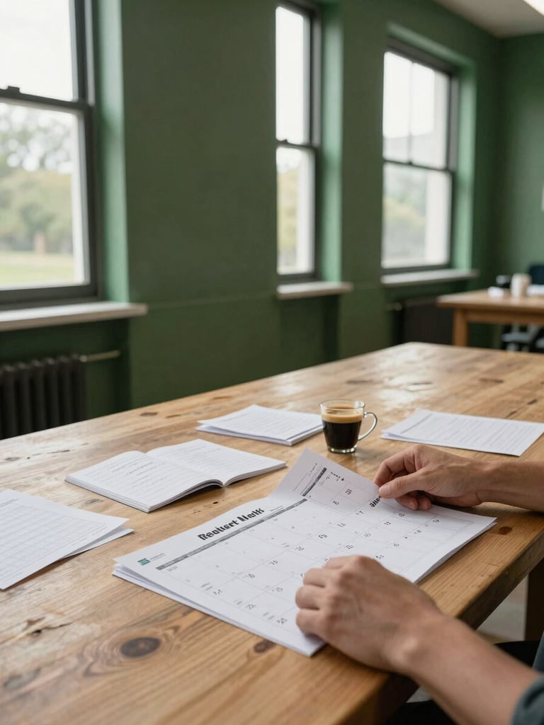 Wide environmental shot of a wooden worktable at dawn, agency hands spreading printed content calendars and handwritten notes beside a small espresso cup, natural north-facing daylight through tall windows, matte forest green wall in background, no people visible above wrists