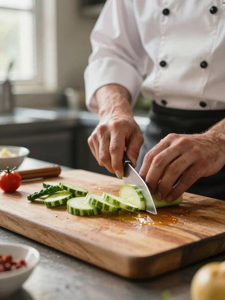 Close-up of a chef's hands slicing vegetables on a worn wooden board in a restaurant kitchen, natural light from a window to the left, the motion captured mid-cut, tools and ingredients filling the frame
