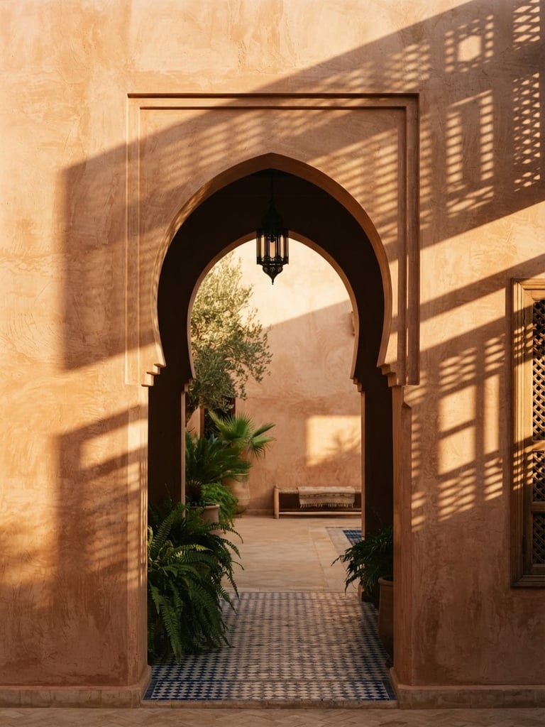 A minimalist Moroccan archway at golden hour, sharp geometric shadows cast on a warm tadelakt wall, architectural symmetry, quiet luxury.
