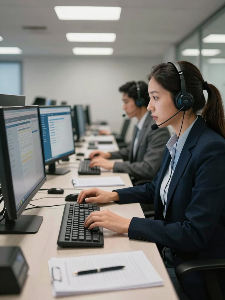 Close medium-wide shot of two call center agents at adjacent desks wearing headsets, eyes on dual monitors showing CRM screens, cool overhead fluorescent light casting sharp clean shadows on keyboards and notepads, active and focused, shot from a slight angle to show depth of the floor behind them