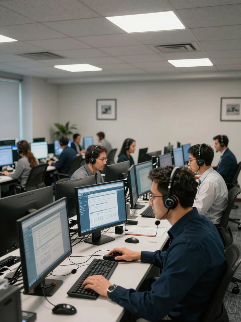 Wide shot of an active call center floor, multiple agents at desks wearing headsets during live calls, cool fluorescent ceiling light, monitors glowing with CRM dashboards, framed from slightly above showing scale and simultaneity of operations