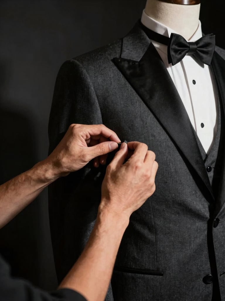 A master tailor's hands adjusting the shoulder drape of a charcoal tuxedo on a mannequin, dramatic side lighting, rich shadows, 50mm lens